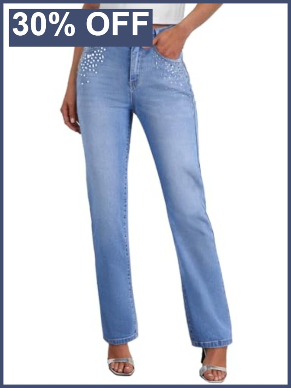 Women's High Waisted Straight Leg Stretchy Rhinestone Denim Jeans